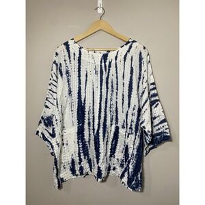 Luna Luz Tie Dye Print Linen Top Sz SMALL Blue Oversized Patch Pockets Crinkle